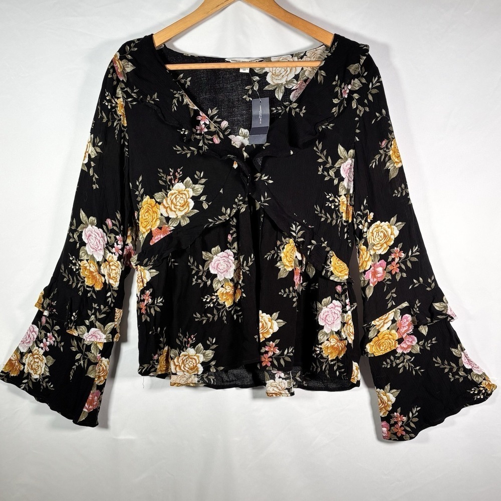 American Eagle Floral Fairy Top Womens Small Flare Bell Sleeve Ruffle Cottage